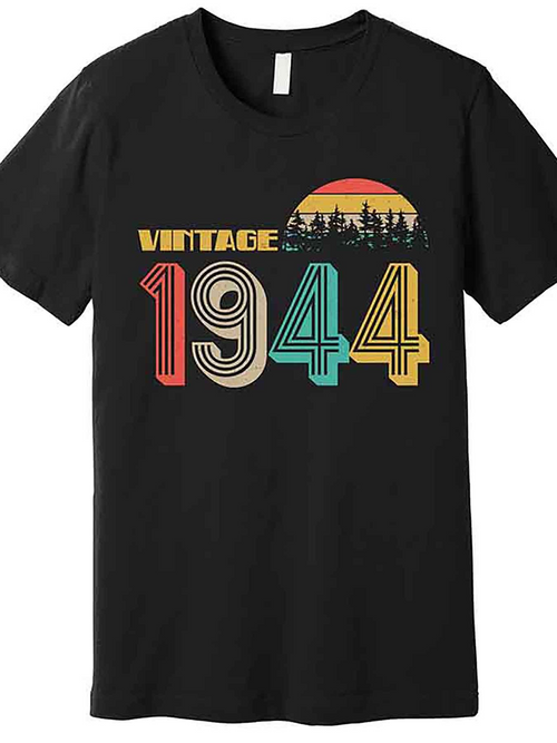 Men's Graphic T-Shirt Vintage 1944 Sunset With Silhouetted Pine Trees And Striped Retro Numbers