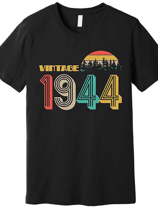 Men's Graphic T-Shirt Vintage 1944 Sunset With Silhouetted Pine Trees And Striped Retro Numbers
