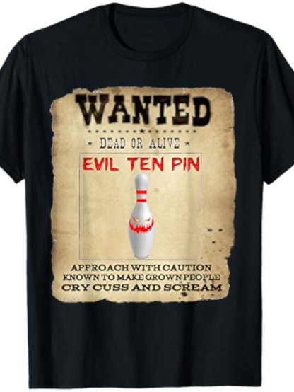 Men's Graphic T-Shirt Wanted Poster With Bowling Pin And Playful Warning Sign