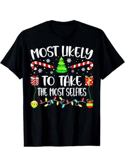 Men's Graphic T-Shirt Most Likely To Take The Most Selfies With Candy Canes Christmas Lights Tree