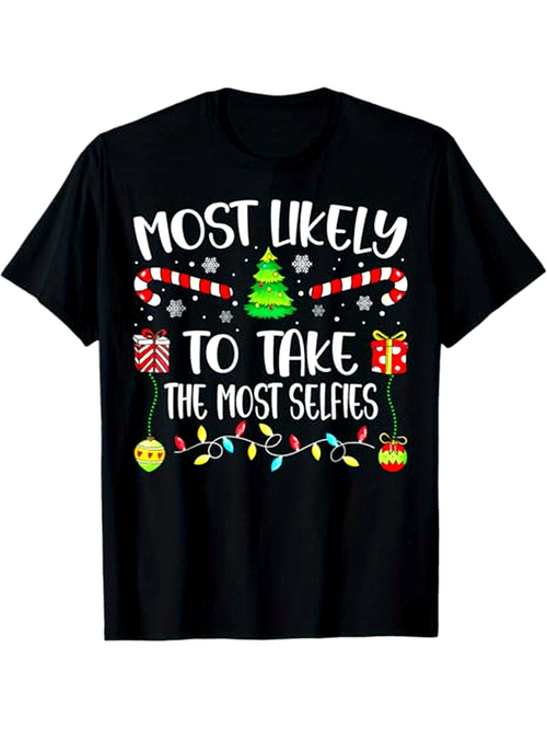 Men's Graphic T-Shirt Most Likely To Take The Most Selfies With Candy Canes Christmas Lights Tree
