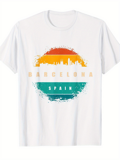 Men's Graphic T-Shirt Barcelona Spain Vibrant Sunset Colors With Abstract City Skyline