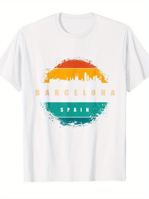 Men's Graphic T-Shirt Barcelona Spain Vibrant Sunset Colors With Abstract City Skyline