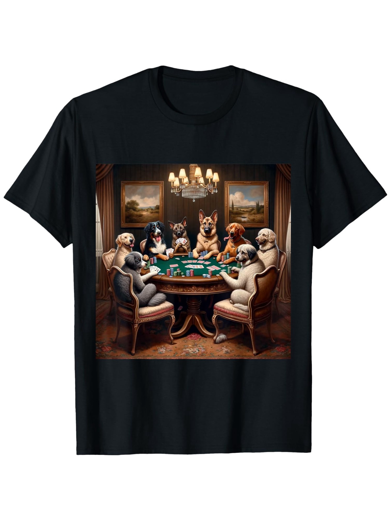 Men's Graphic T-Shirt Classic Dogs Seated Around Poker Table With Dim Chandelier Lighting