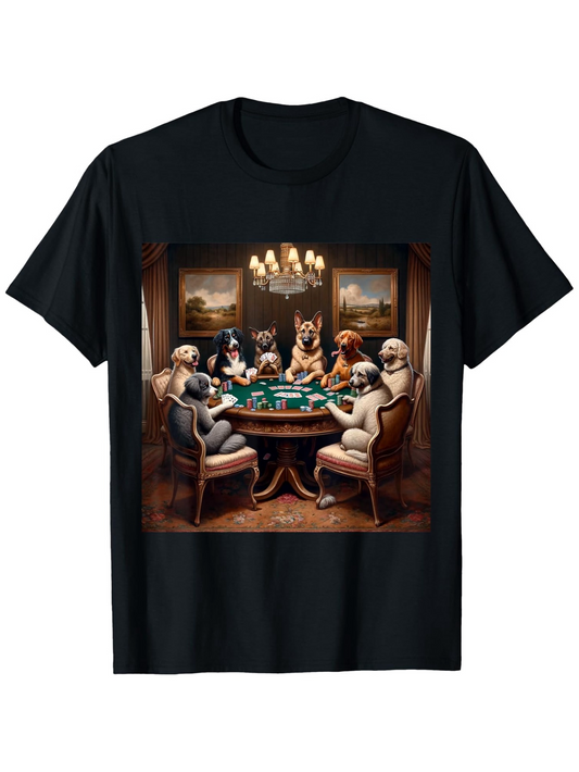 Men's Graphic T-Shirt Classic Dogs Seated Around Poker Table With Dim Chandelier Lighting