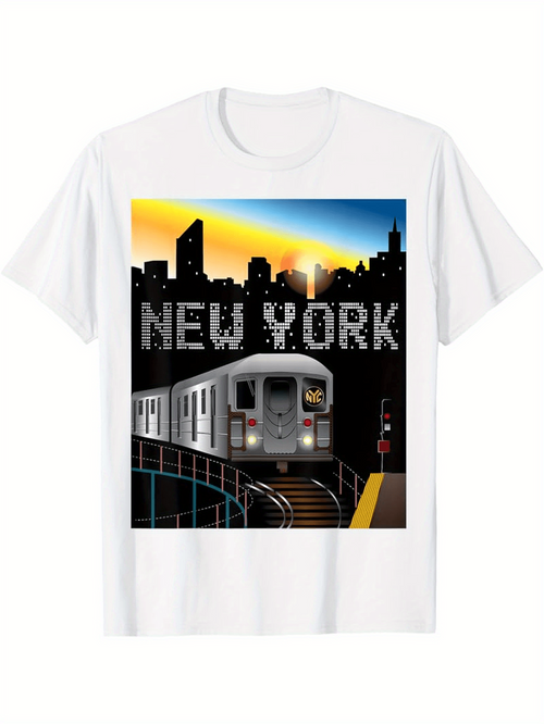 Men's Graphic T-Shirt New York Cityscape At Sunset With Subway Train Arriving Under Skyline