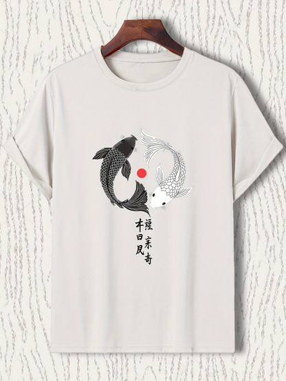 Men's Graphic T-Shirt Minimalist Ink Style With Yin Yang Circle Featuring Koi Fish