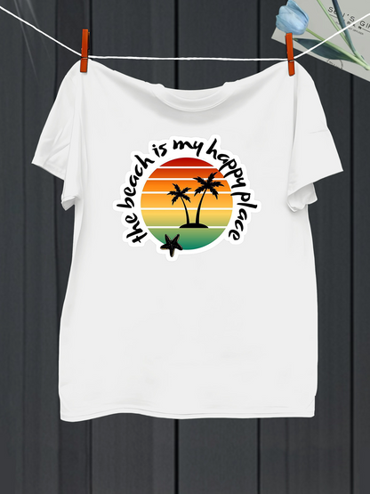 Men's Graphic T-Shirt The Beach Is My Happy Place Vibrant Sunset With Palm Trees Relaxed Beach Scene