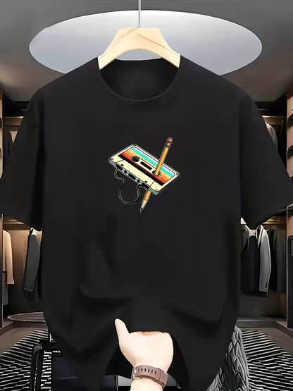 Men's Graphic T-Shirt Retro Audio Cassette With Pencil Under Soft Lighting Cassette Tape