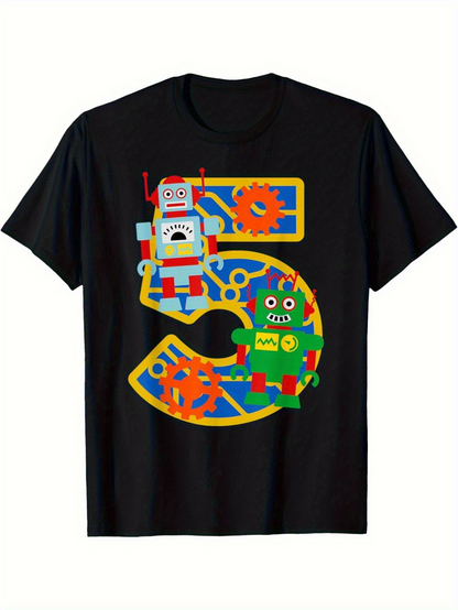Men's Graphic T-Shirt Colorful Robot Figures Standing Among Turning Number Five Gears