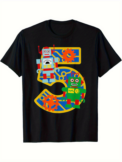 Men's Graphic T-Shirt Colorful Robot Figures Standing Among Turning Number Five Gears
