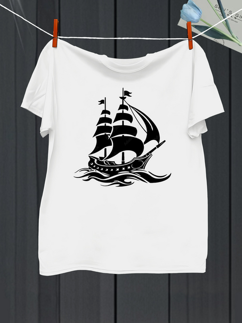 Men's Graphic T-Shirt Shadow Waves With Billowing Sails Under Crisp Evening Breeze Ship