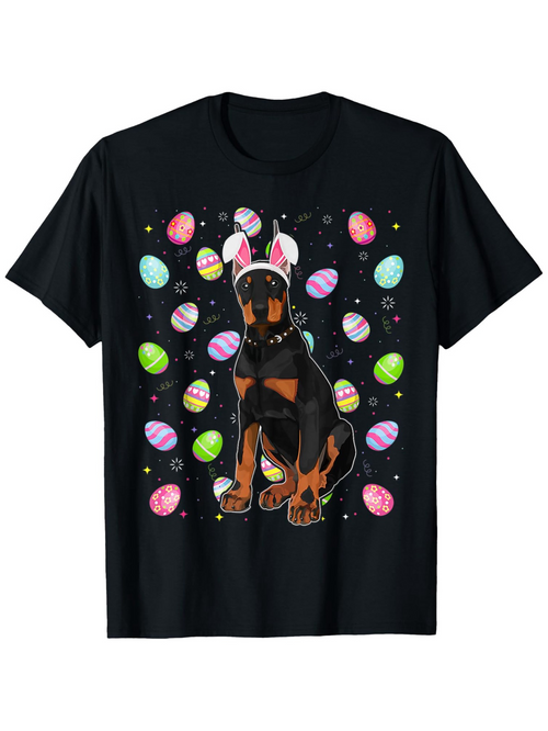 Men's Graphic T-Shirt Playful Easter Bunny Ears With Decorated Eggs Surrounding A Cute Doberman Dog