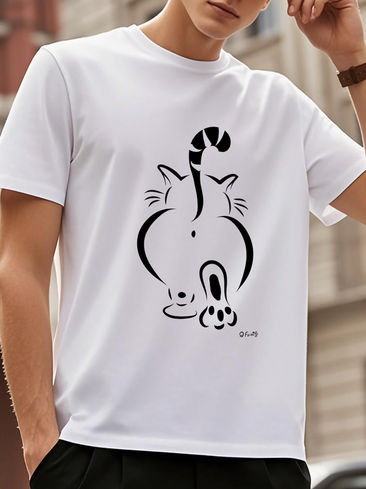 Men's Graphic T-Shirt Playful Striped Cat With Curving Tail And Whiskers Cat