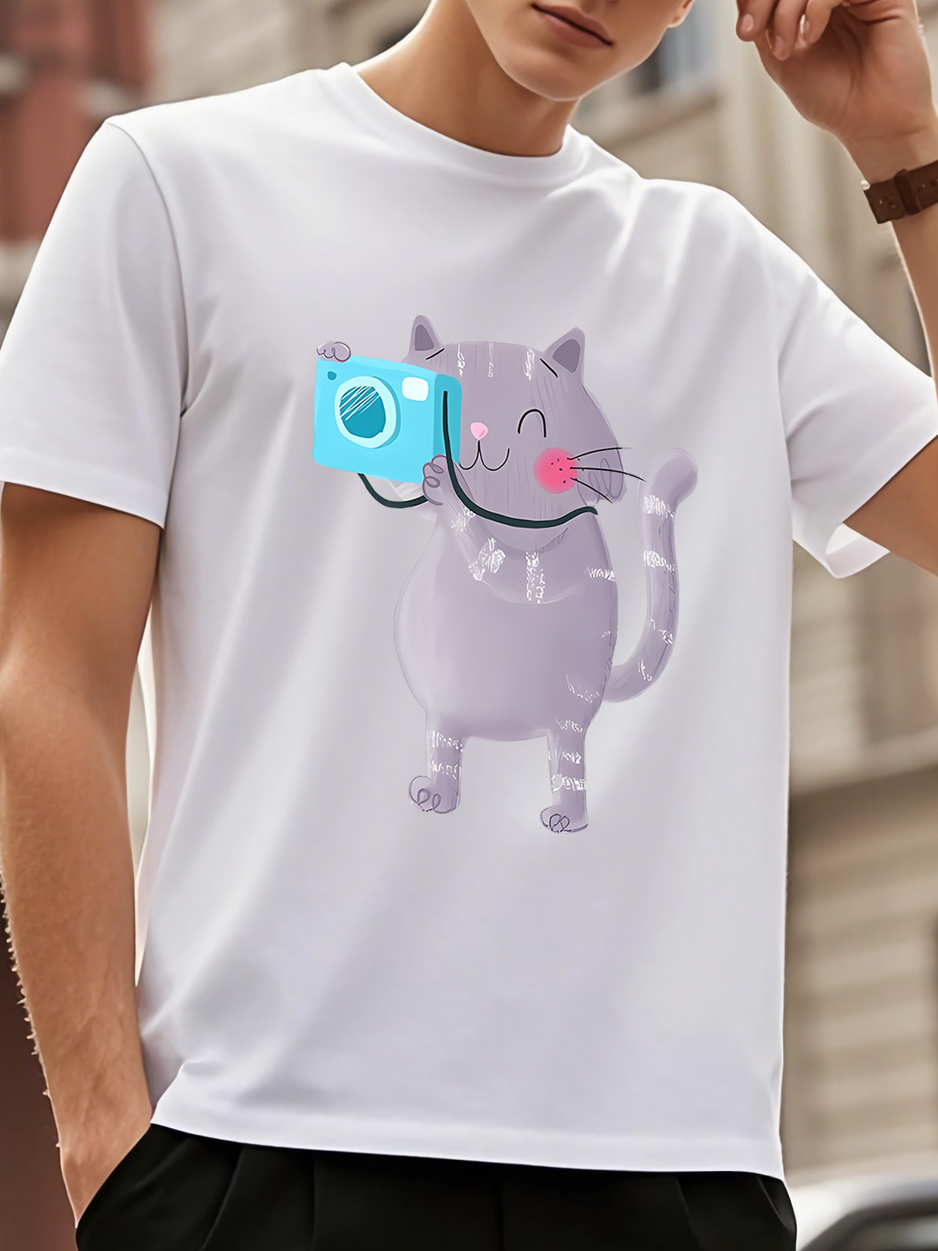 Men's Graphic T-Shirt Charming Grey Smiling Cat Holding Blue Camera Under Daylight Cat