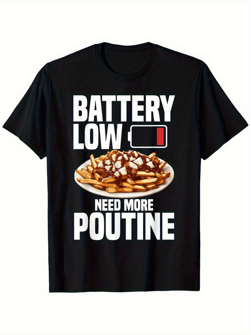 Men's Graphic T-Shirt Battery Low With Food Illustration And Cheese Fries Poutine
