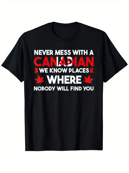 Men's Graphic T-Shirt Never Mess With A Canadian Red Maple Leaves On Black Shirt