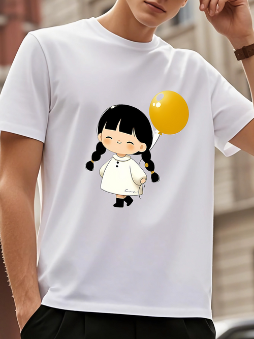 Men's Graphic T-Shirt Girl With Yellow Balloon Smiling Under Open Sky