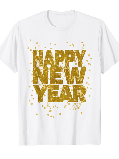 Men's Graphic T-Shirt Happy New Year Festive Gold Sparkles With Confetti Over Glittering Celebration Text