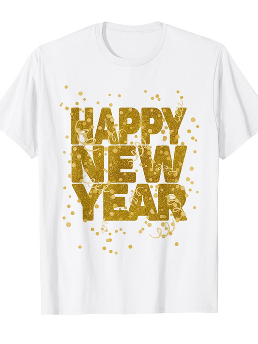Men's Graphic T-Shirt Happy New Year Festive Gold Sparkles With Confetti Over Glittering Celebration Text