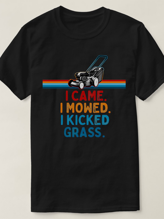 Men's Graphic T-Shirt I Came I Mowed I Kicked Grass With Colorful Stripes Under Vintage Lawnmower