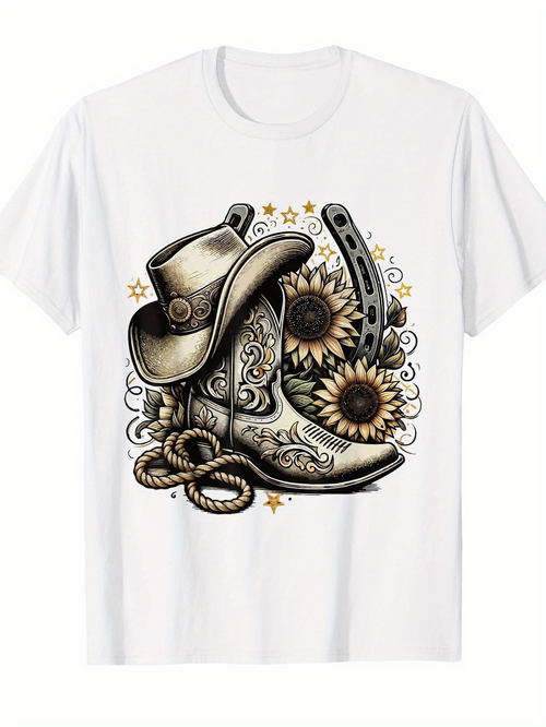 Men's Graphic T-Shirt Western Sunflowers With Horseshoe Boots And Cowboy Hat