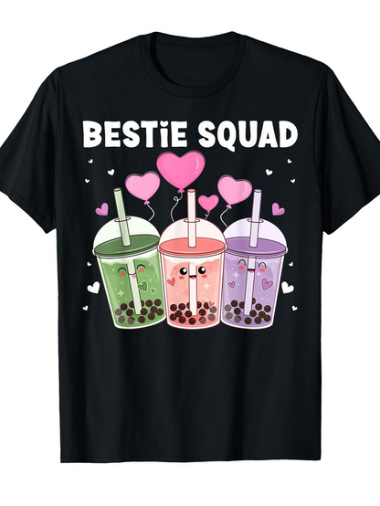 Men's Graphic T-Shirt Bestie Squad With Happy Bubble Tea Cups And Colorful Floating Hearts