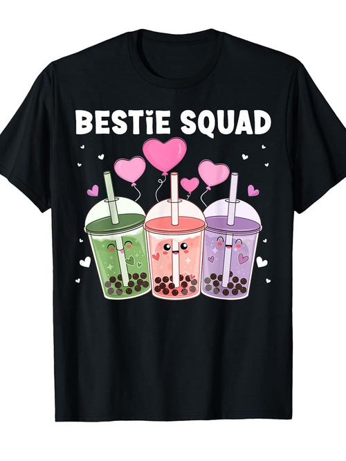 Men's Graphic T-Shirt Bestie Squad With Happy Bubble Tea Cups And Colorful Floating Hearts