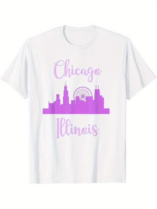 Men's Graphic T-Shirt Chicago Illinois Pastel Skyline With Ferris Wheel Silhouetted Landmark Buildings White
