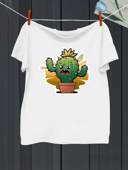 Men's Graphic T-Shirt Cartoon Spiked Cactus With Yellow Sunburst In Flower Pot