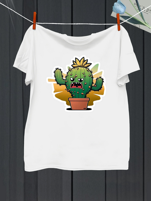 Men's Graphic T-Shirt Cartoon Spiked Cactus With Yellow Sunburst In Flower Pot