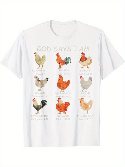 Men's Graphic T-Shirt God Says I Am Colorful Farm Chickens In Rows Peaceful Hen