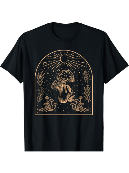 Men's Graphic T-Shirt Celestial Garden With Golden Sun Ray Surrounding Mystical Mushrooms At Night