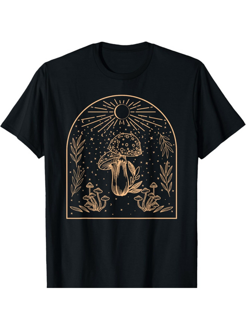 Men's Graphic T-Shirt Celestial Garden With Golden Sun Ray Surrounding Mystical Mushrooms At Night