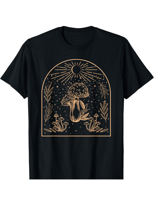 Men's Graphic T-Shirt Celestial Garden With Golden Sun Ray Surrounding Mystical Mushrooms At Night