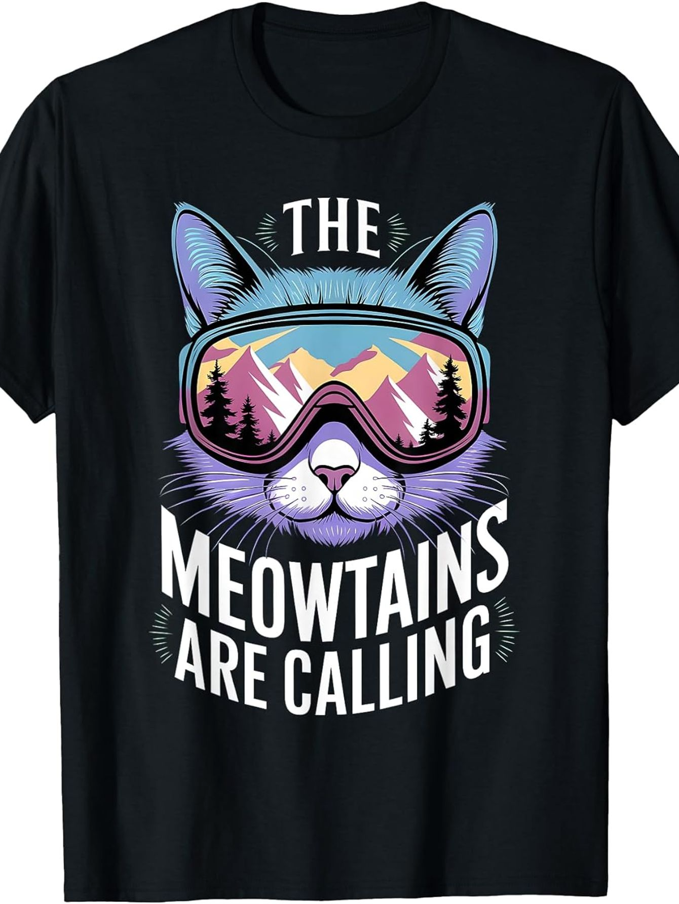 Men's Graphic T-Shirt The Meowtains Are Calling Reflections Of Mountains In Ski Goggles On Cat