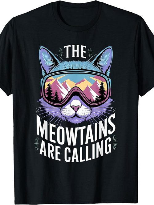 Men's Graphic T-Shirt The Meowtains Are Calling Reflections Of Mountains In Ski Goggles On Cat