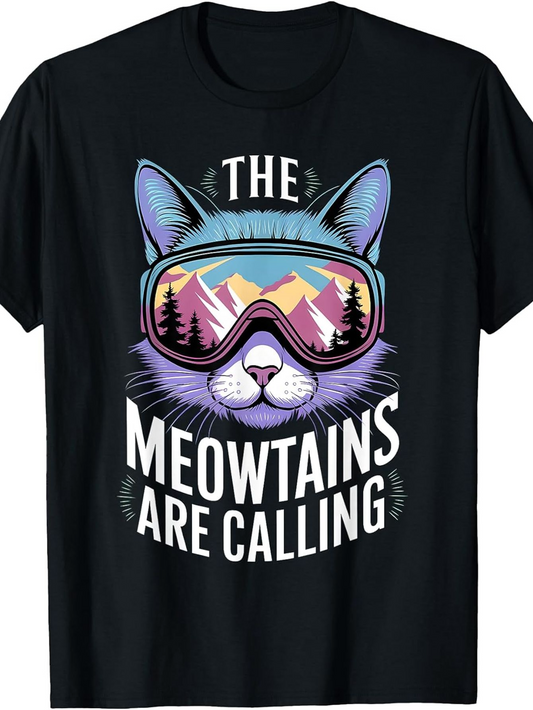 Men's Graphic T-Shirt The Meowtains Are Calling Reflections Of Mountains In Ski Goggles On Cat