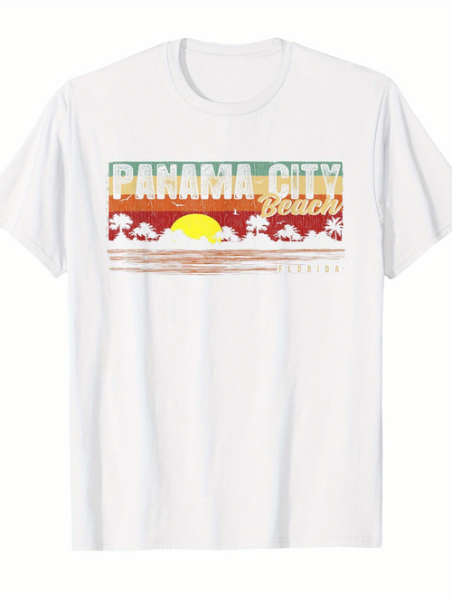Men's Graphic T-Shirt Panama City Beach Sunset With Vintage Waves And Fading Dusk Sun