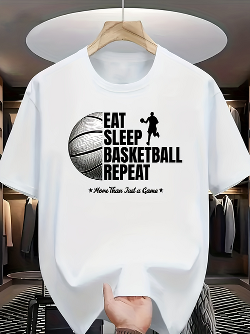 Men's Graphic T-Shirt Eat Sleep Basketball Repeat With Shaded Ball And Player Silhouette