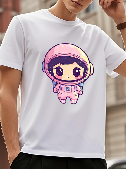 Men's Graphic T-Shirt Cartoon Childlike Charm Spacesuit With Blush Pink Pastel Outlines Astronaut