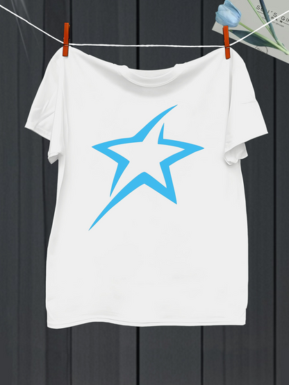 Men's Graphic T-Shirt Blue Geometric Outline Star On Crisp White T Shirt
