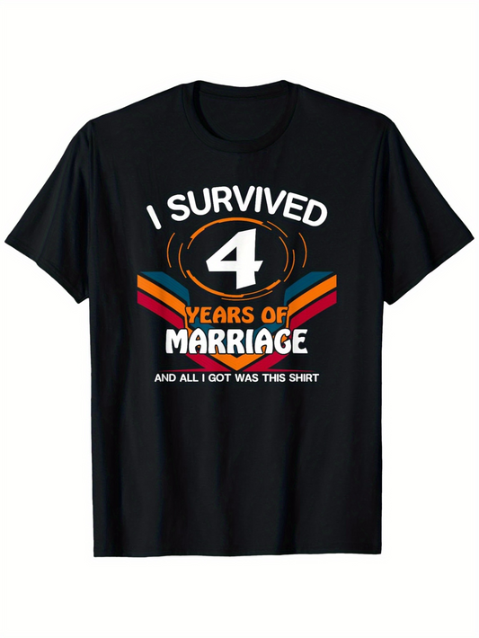 Men's Graphic T-Shirt I Survived Four Years Of Marriage Retro Striped Emblem With Bold Text Shirt