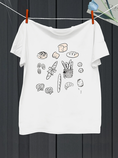 Men's Graphic T-Shirt Hand Drawn Fresh Baked Breads Croissants And Loaves Under Sunlight Basket