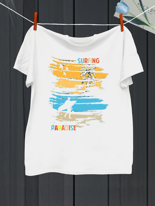 Men's Graphic T-Shirt Surfing Paradise Summer Sunset With Waves Palm Trees And Surfer Beach