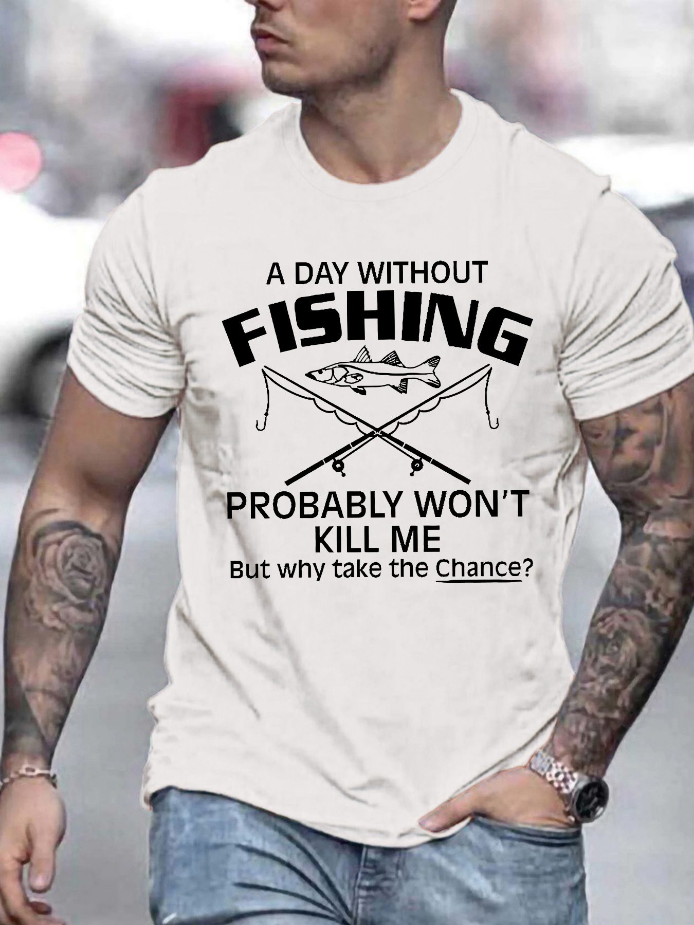 Men's Graphic T-Shirt A Day Without Fishing Rods Crossed Under Jumping Fish T Shirt