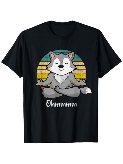Men's Graphic T-Shirt Ohmmmmm Serene Sunset With Peaceful Meditating Cartoon Wolf