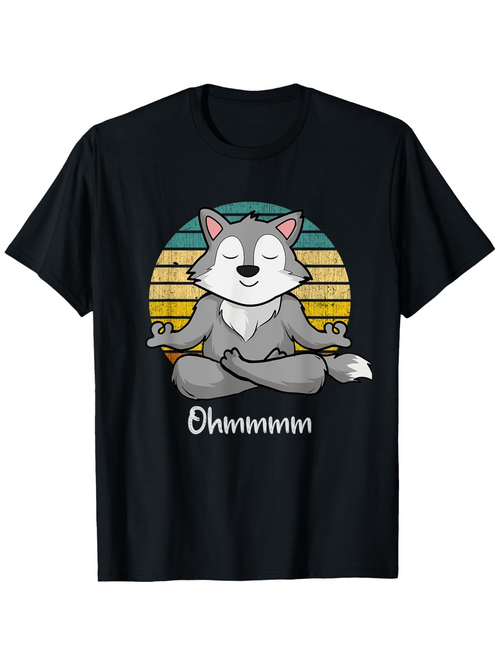 Men's Graphic T-Shirt Ohmmmmm Serene Sunset With Peaceful Meditating Cartoon Wolf