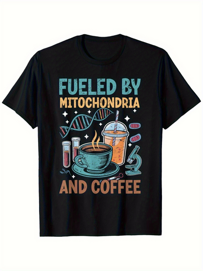 Men's Graphic T-Shirt Fueled By Mitochondria With Coffee Cup And Science Objects