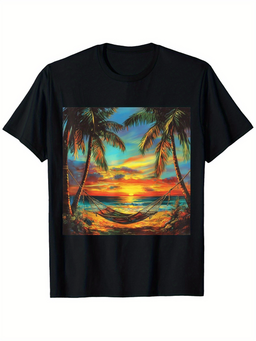 Men's Graphic T-Shirt Tranquil Sunset Glow Over Ocean With Hammock Between Palm Trees